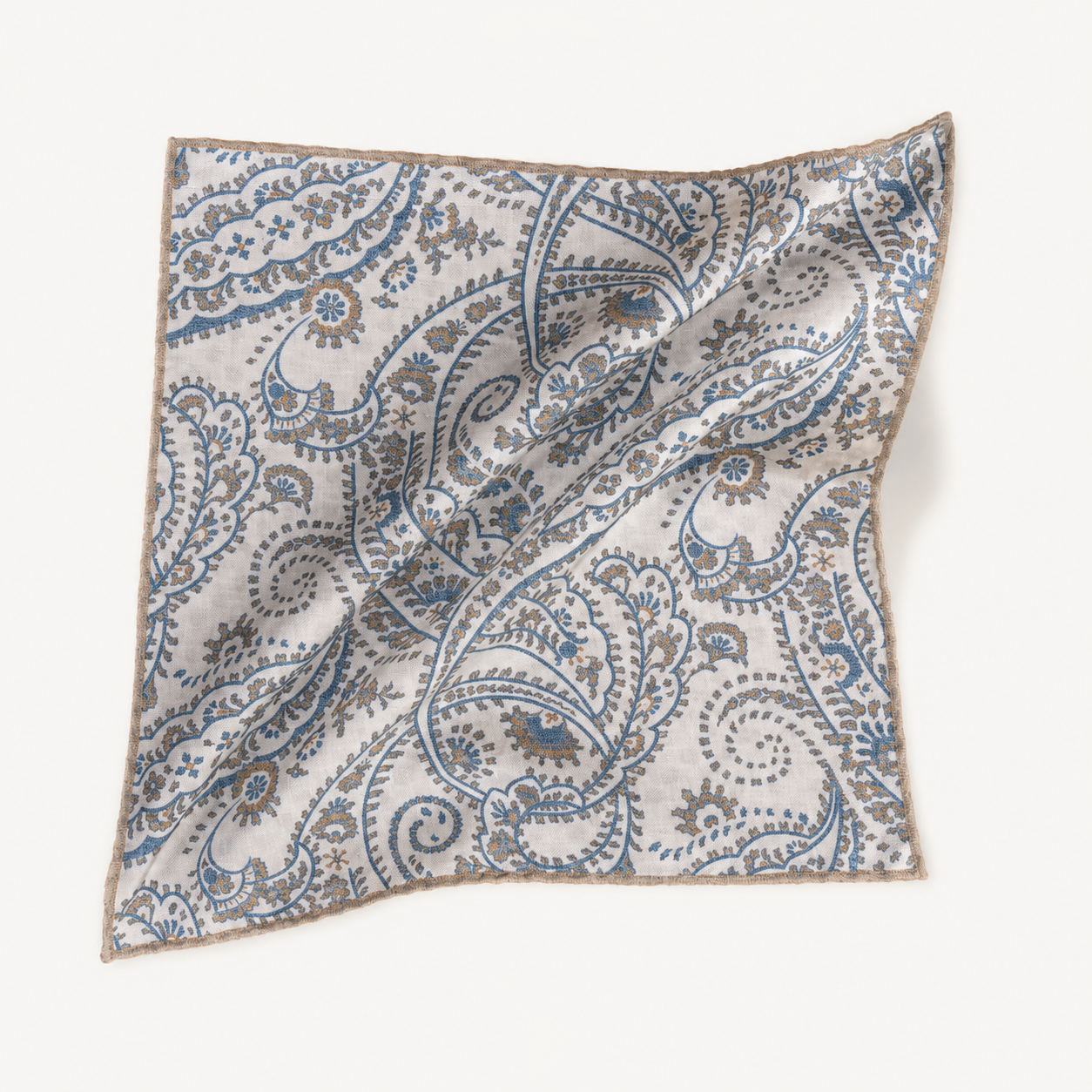 Reversible Silk Cotton Pocket Square - Oatmeal & Blue Paisley Print