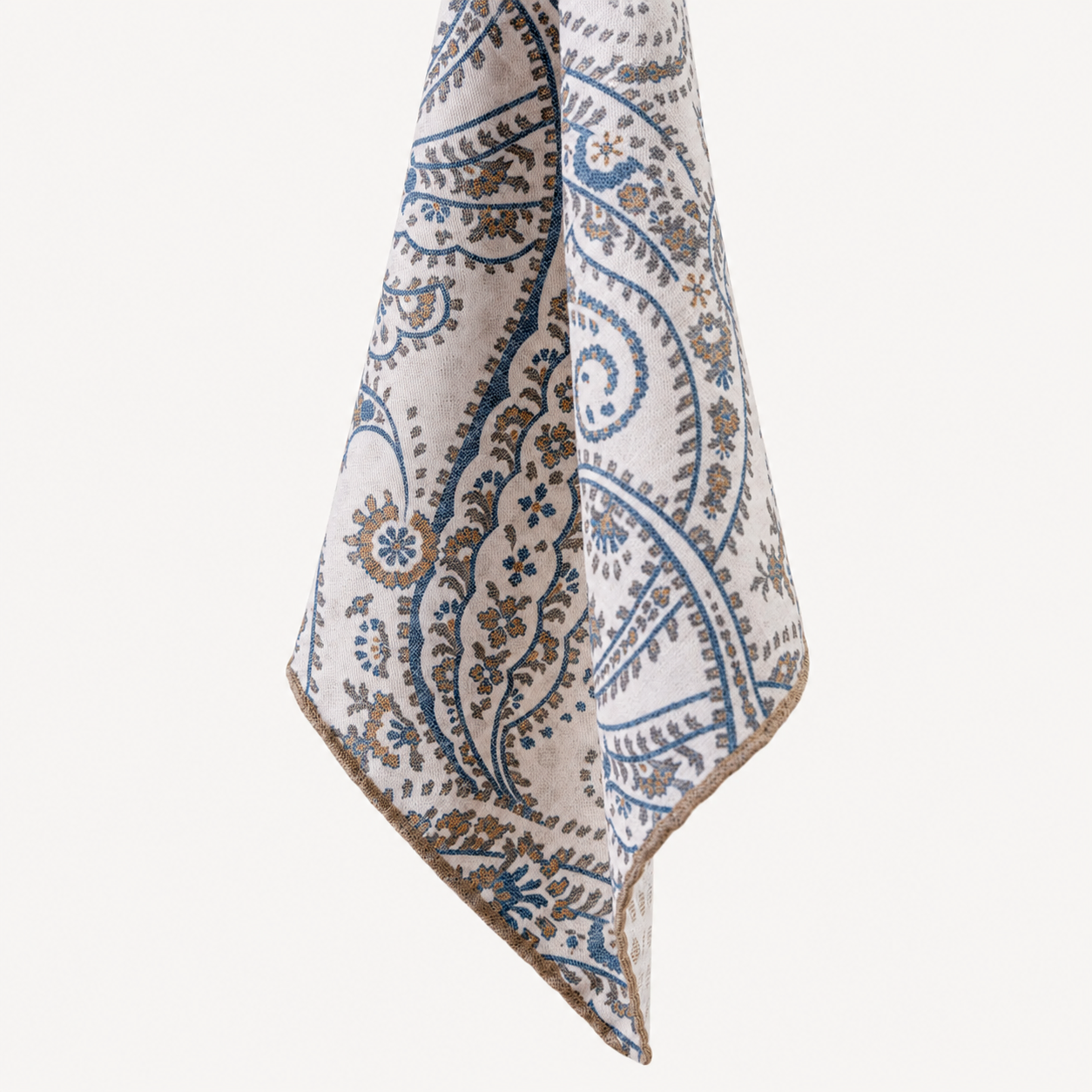 Reversible Silk Cotton Pocket Square - Oatmeal & Blue Paisley Print