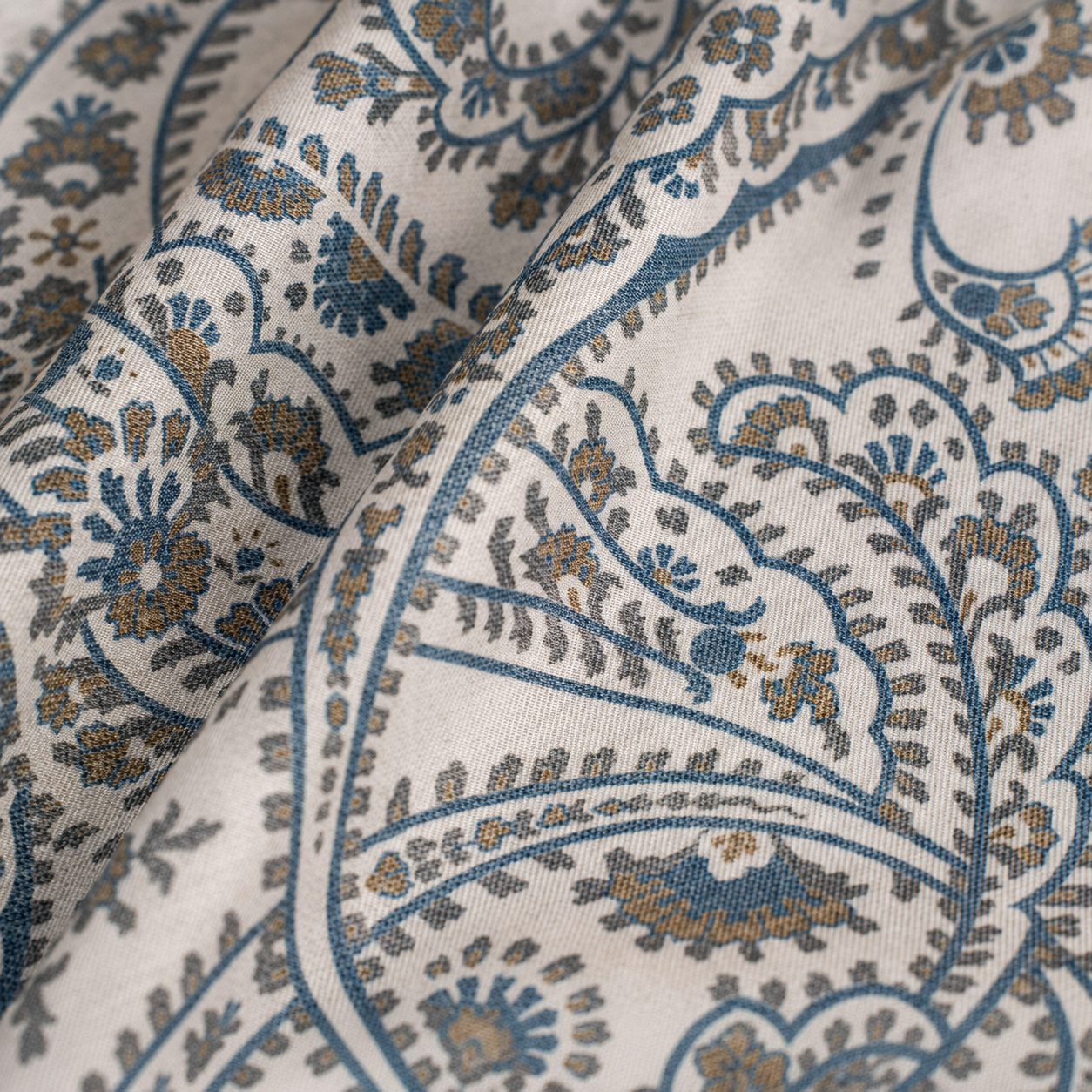 Reversible Silk Cotton Pocket Square - Oatmeal & Blue Paisley Print