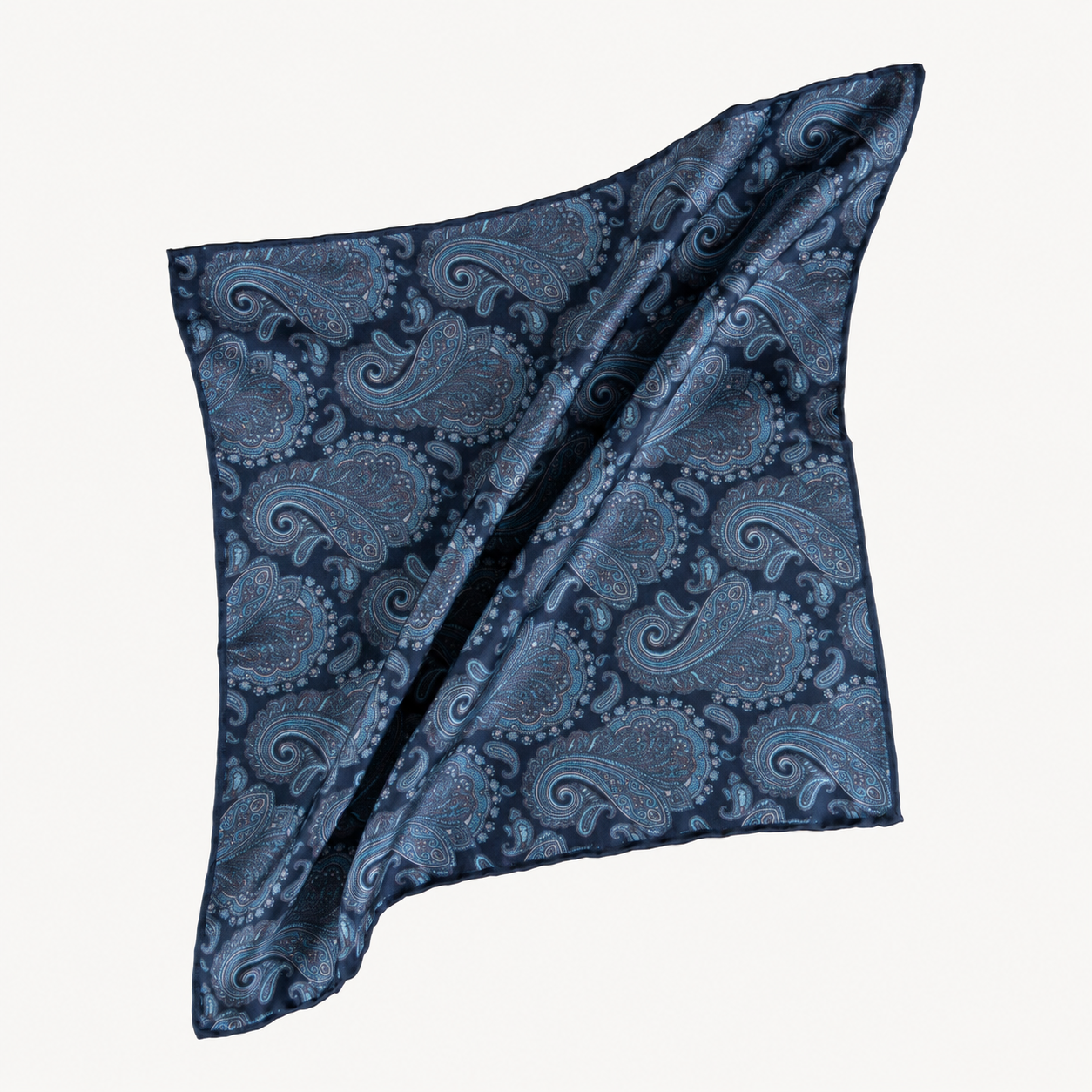 Navy Blue Printed Paisley Silk Twill Pocket Square