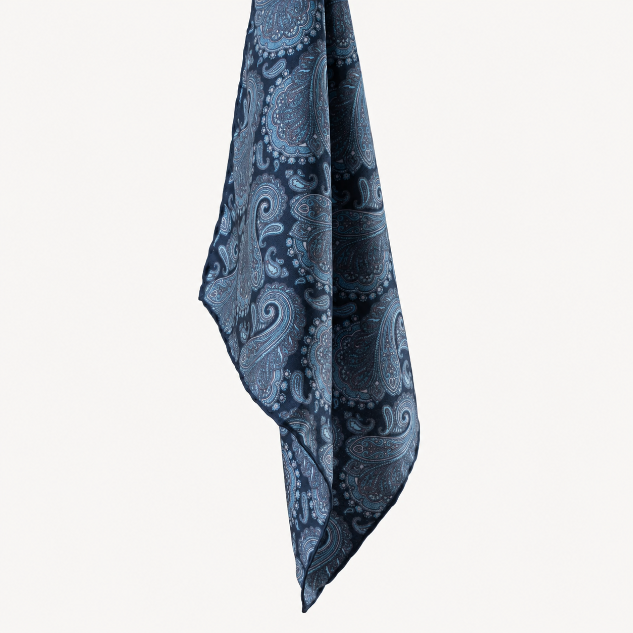 Navy Blue Printed Paisley Silk Twill Pocket Square